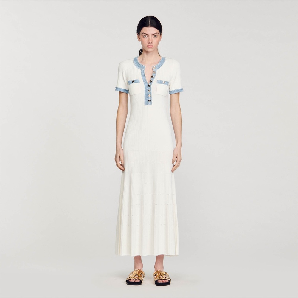 Sandro Paris Knit and Denim Midi Dress